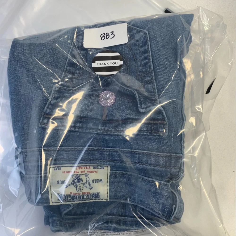 True Religion Straight Leg Low Rise Y2K Medium Wash Pink Rhinestone Buttons S 27 - Picture 10 of 11